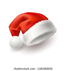 Vector realistic santa hat, cap. Merry Christmas holiday, new year headdress for winter xmas celebration decoration. Traditional fancy 3d costume for december seasonal design. Isolated illustration