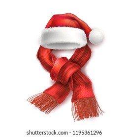 Vector realistic santa hat with knitted scarf. Merry Christmas holiday, new year accessories for winter xmas celebration decoration. Traditional fancy costume for december seasonal design illustration