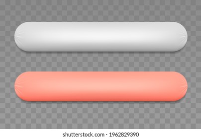 Vector realistic sausages mockup. White and pink packaging isolated on transparent background. blank food template. Ready for design. EPS10. 