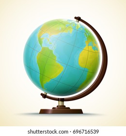 Vector realistic school globe. Geographical world map.