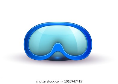 Vector realistic scuba diving blue mask goggles. 3d snorkeling, underwater swim equipment. Summer travel vacation beach holiday adventure, activity design element. Isolated illustration