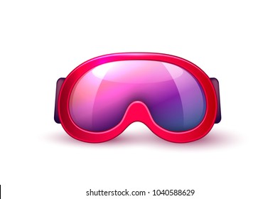 Vector realistic scuba diving snowboarding skiing purple mask goggles. 3d snorkeling, underwater swim equipment. Summer travel vacation beach holiday adventure, activity design. Isolated illustration