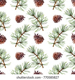 Vector realistic seamless floral background of pine branches and cones