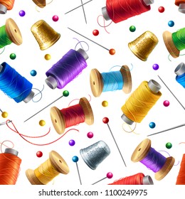 Vector realistic seamless pattern with sewing tools. Decorative background with supplies for tailoring and needlework, pins, spools of thread, needles. Colorful print for textile products, wrapper