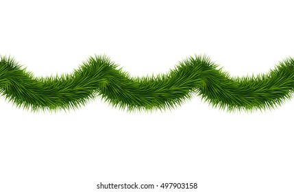 Vector realistic seamless tinsel isolated on white background. Green christmas decoration. Garland for holiday design. Curved festive frippery.