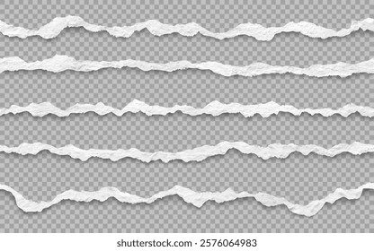 Vector realistic seamless torn paper edge. Ripped white paper strips and soft shadow.