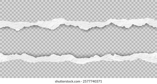 Vector realistic seamless torn paper edge. Ripped white paper strips and soft shadow.