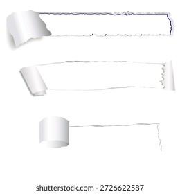 Vektorrealistisch nahtlos gerissene Papierkante. Abgerissene weiße Papierstreifen und weicher Schatten