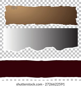 Vektorrealistisch nahtlos gerissene Papierkante. Abgerissene weiße Papierstreifen und weicher Schatten