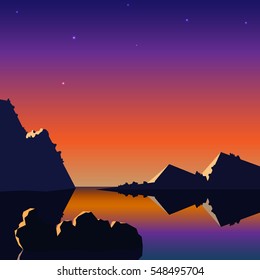 Vector realistic seascape with a sunset and mountains