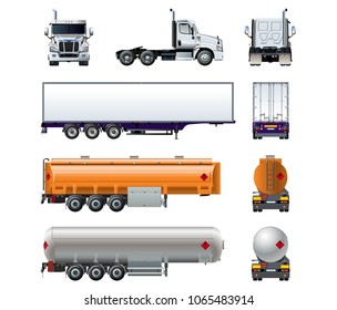 Vector realistic semitruck mock-up set isolated on white background for branding. Front, side, rear view. Available EPS-10 separated by groups and layers for easy edit.