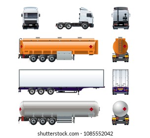 Vector realistic semitruck mock-up set isolated on white background for branding. Front, side, rear view. Available EPS-10 separated by groups and layers for easy edit.