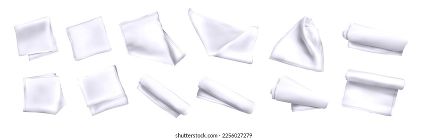 Vector realistic set of 3d kitchen towels or tablecloths in top view. Folded napkins, cotton textiles or fabric table clothes isolated on white background.