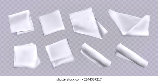 Vector realistic set of 3d white kitchen towels or tablecloths in top view. Folded napkins, cotton textiles or fabric table clothes isolated on transparent background.