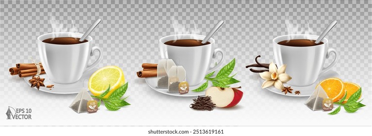 Vector realistic set of aromatic spicy tea with cinnamon sticks, anise and citrus fruits. Warming hot drink in a cup. Winter concept. 3d isolated food illustration for packaging design