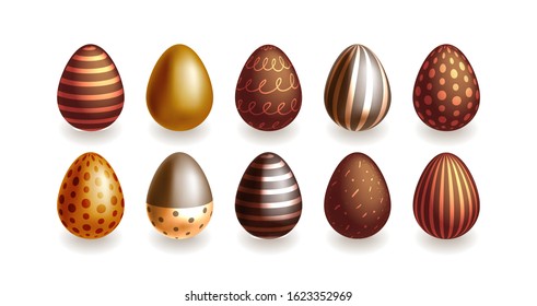 Vector realistic set of beautiful chocolate Easter eggs. Candy in the form of Easter eggs with various decorations.