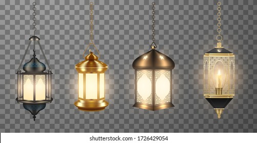 Vector realistic set of beautiful muslim ornamental lamps hanging on chainlets. Gold, bronze, black metal oriental lanterns Fanous with stars, crescent moon bundle isolated on transparent background.