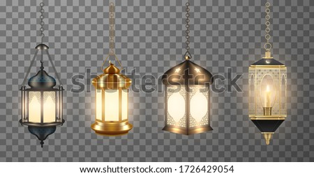 Vector realistic set of beautiful muslim ornamental lamps hanging on chainlets. Gold, bronze, black metal oriental lanterns Fanous with stars, crescent moon bundle isolated on transparent background.
