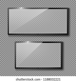 Conjunto realista de vectores con marcos de TV en blanco, pantallas o monitores de color negro, aislados en fondo transparente. Montaje de paneles de plasma, pantallas planas lcd con espacio vacío dentro para su diseño