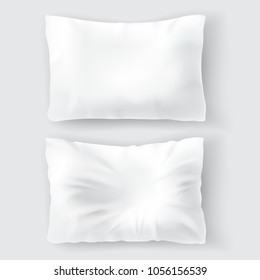 Vector realistic set with blank white pillows, comfortable, soft, clean and crumpled, top view isolated on background. Object for sweet dreams in bedroom, mockup with cushions for brand advertising