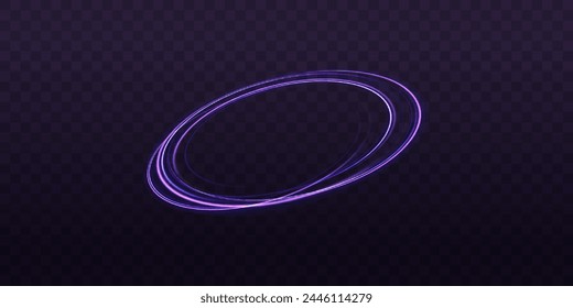 Vector realistic set of blue and purple shiny rings and swirls, isolated on transparent background. Light trail wave, fire path trace line, car lights, optic fiber and incandescence curve twirl.