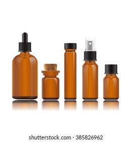 Vector realistic set bottles for essential oils and cosmetic products. Glass vials on reflective surface. Dropper bottle, vial with bamboo cover, flask, spray bottle, jar. Mockup on white background. 