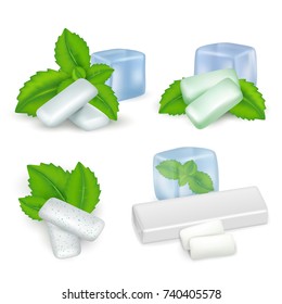 Vector realistic set of bubble gum with mint. Mint chewing gum types.