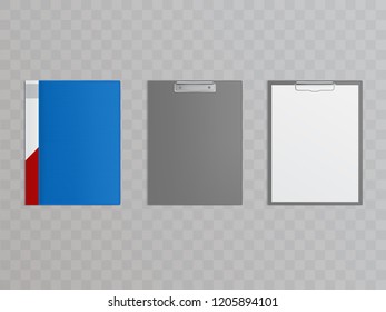 Vector realistic set of clipboards with metal clamp for holding papers, documents. Grey plastic folders isolated on transparent background. Empty rectangular pads, top view on office stationery.
