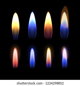 Vector Realistic Set Of Close Up Burning Multicolored Flame Of Gas, Zinc, Potassium, Strontium, Sodium, And Copper, Details Of Fire Isolated On Black Background