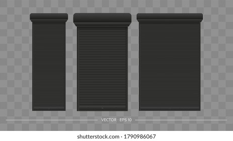 Conjunto vectorial realista de rodillos de puerta cerrada o de ventana. Cegueras de metal negro.