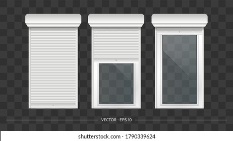 Vector realistic set of closed and open door or window rollers. Glass door or high window with roller shutters. White metal blinds.
