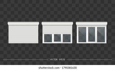 Vector realistic set of closed and open door or window rollers. Glass door or high window with roller shutters. White metal blinds.