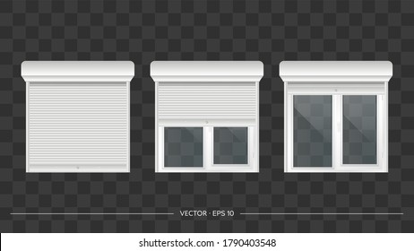 Vector realistic set of closed and open door or window rollers. Glass door or high window with roller shutters. White metal blinds.