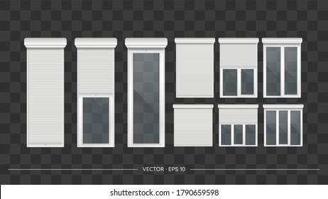 Vector realistic set of closed and open door or window rollers. Glass door or high window with roller shutters. White metal blinds.