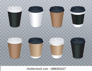 Vector Realistic set of Coffee Cups isolated on transparent background. Mockup. Vector 3D Тemplate. Тakeaway Сoffee. Paper or Plastic Disposable Packaging. EPS10.