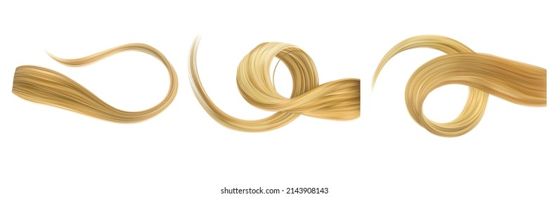 Vector realistic set of curls of female blond hair isolated on white background.