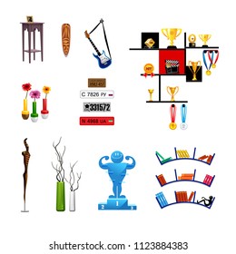 vector realistic set of decorations objects, icons furniture, decor, license plates books