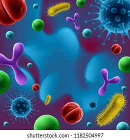 Vector realistic set of different bacteria and virus cells: cocci, spirilla, bacilli in red, green, yellow, blue and violet color isolated on background. Concept of science and medicine