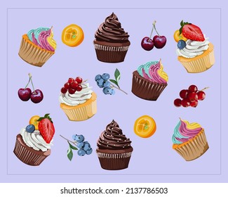 Vector realistic set of different cupcakes and fruits, a collection of isolated illustrations of cupcakes and juicy fruit, a group of many cut out assorted items for a cafe menu, restaurant or backgro