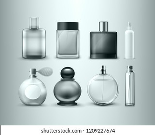 Vector realistic set of different perfume bottles and cosmetic samplers isolated on background