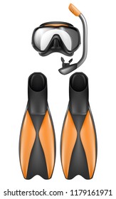 Vector realistic set of diver equipment, snorkeling mask with snorkel and flippers isolated on white background. Clipart with black goggles, rubber swim fins, sport gear for scuba diving
