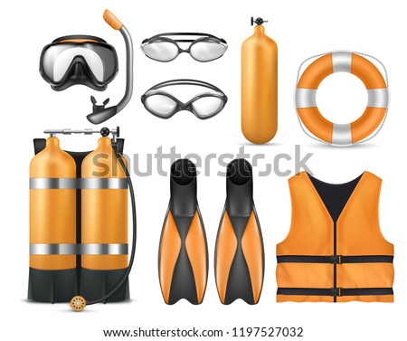 Vector realistic set of diving equipment, snorkeling mask, flippers, swim glasses, aqualung, life jacket and lifebuoy isolated on background. Scuba gear with accessories for swimming underwater