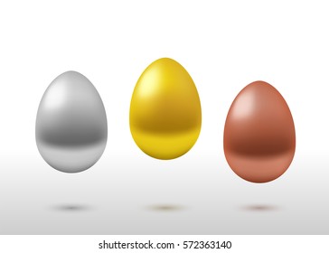 Vector realistic set of eggs. Pedestal of gold, silver and bronze eggs on gray gradient background