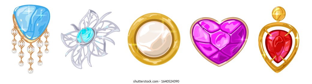 Vector realistic set with elegant golden, silver, platinum brooches, charms, pendants with different precious stones. Accessories, bijouterie collection on white for jewelry banners, flyers, ads.