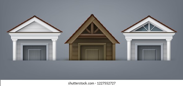 Vector realistic set of element facade, three porticos made of wood and concrete with columns over door in house isolated on background