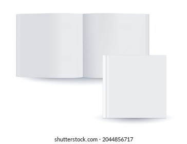 Vector realistic set of empty books. Mockup with hardcover. Open and closed square template. 3d vector illustration. Blank Magazine, album, catalog on white background. front view. EPS10. 