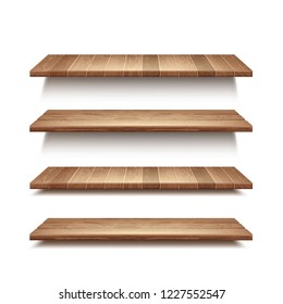 Conjunto vectorial realista de estanterías vacías de madera aisladas sobre fondo de pared blanca
