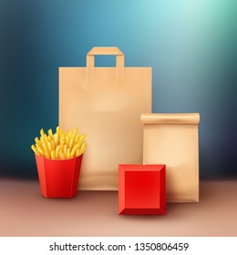 Vector realistic set of fast food in package for takeaway with french fries, kraft paper package and red square box for burger on brown table isolated on background