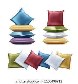 Vector Realistic Set Of Folded Colorful Square And Rectangular Pillows. Square Cushion In Red, Blue, Green, Violet, Yellow Colors Illustration Isolated On White Background