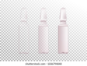 Vector realistic set of glass ampoules with different level of transparency. Cosmetic vials for oil, liquid essential, collagen serum. Vector illustration isolated on white-transparent background.